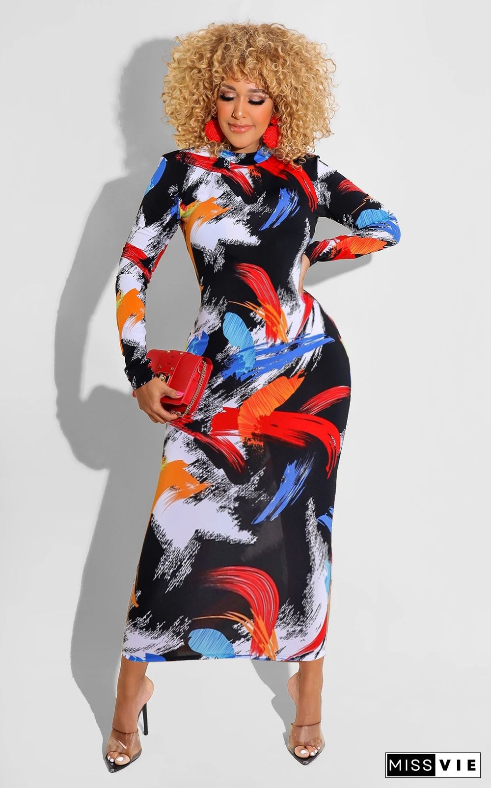 Graffiti Printing Zipper Long Sleeve Bodycon Dress