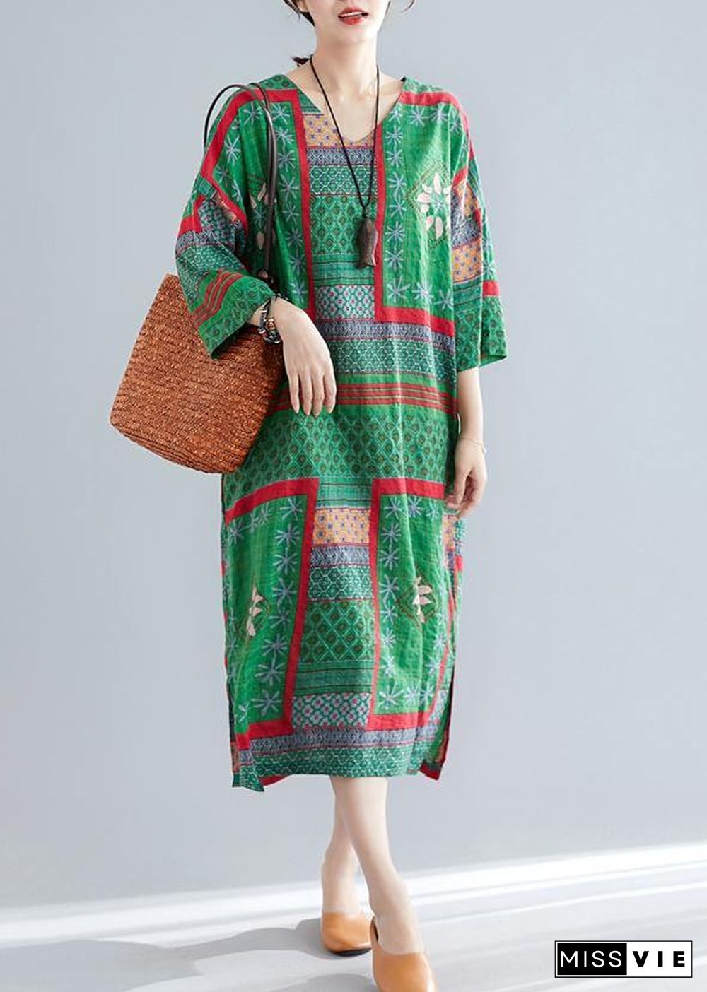 Bohemian v neck side open cotton Women pattern green print Maxi Dresses summer