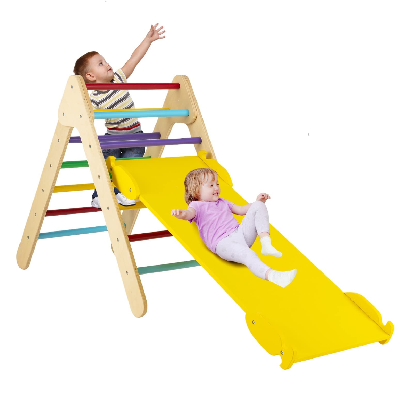 Costzon Wooden Climbing Toys for Toddlers, 3 in 1 Montessori Triangle Climber with Adjustable Angle Ramp for Climb & Slide