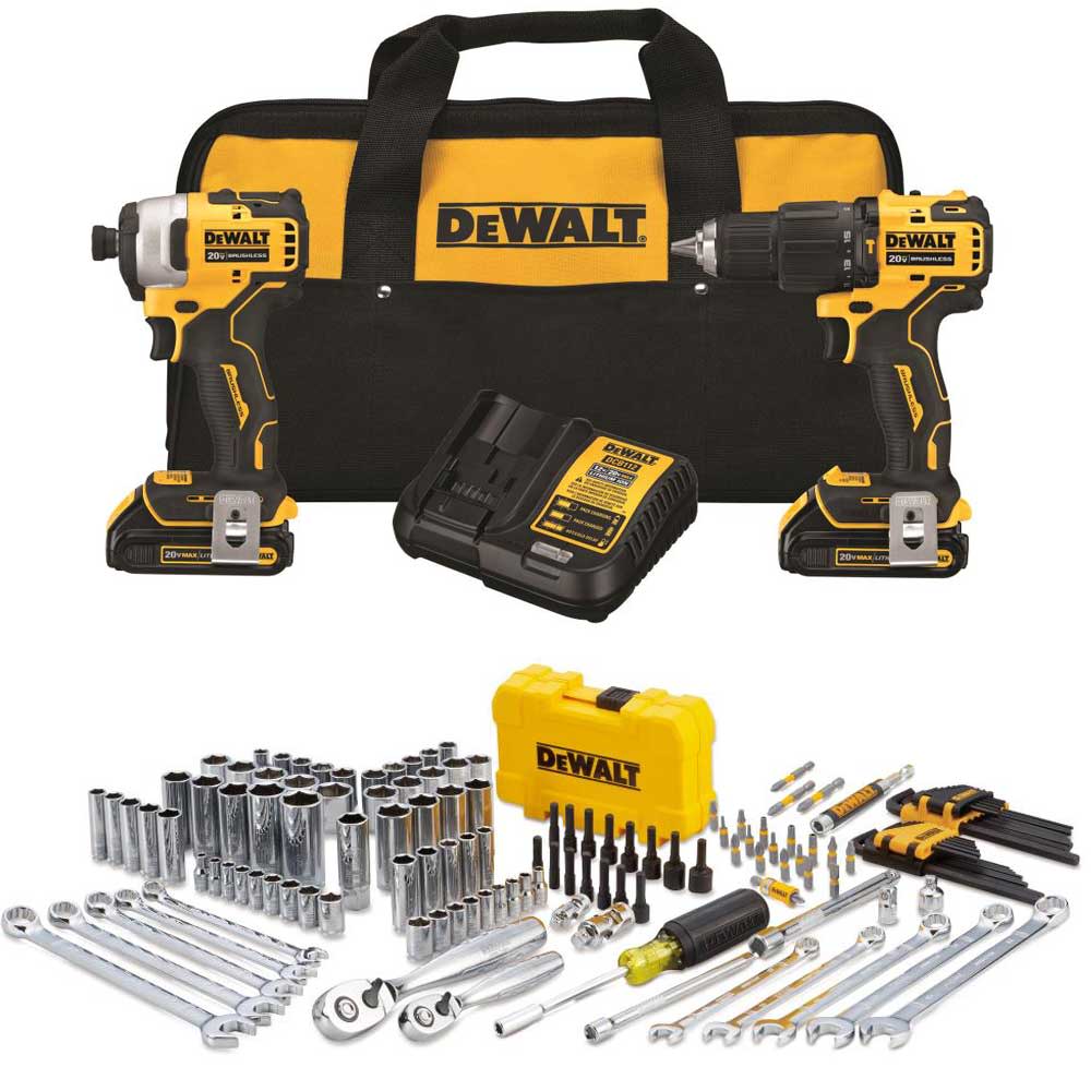 DEWALT ATOMIC 20V MAX* 1/2 Hammer Drill/Driver 1/4 Impact Driver 142pc Mechanics Tool Set Bundle