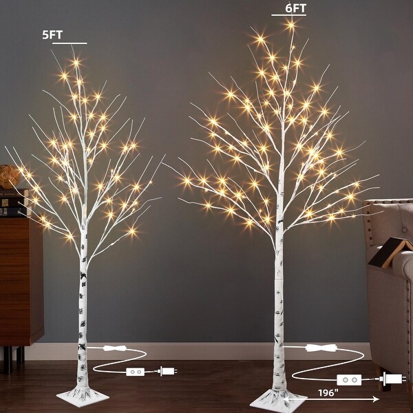 2Pcs 5and6Ft Lighted Birch Tree，Prelit Artificial Twig Tree，Lights with Dimmable and Timer，LED Tree for Yard Xmas Decor