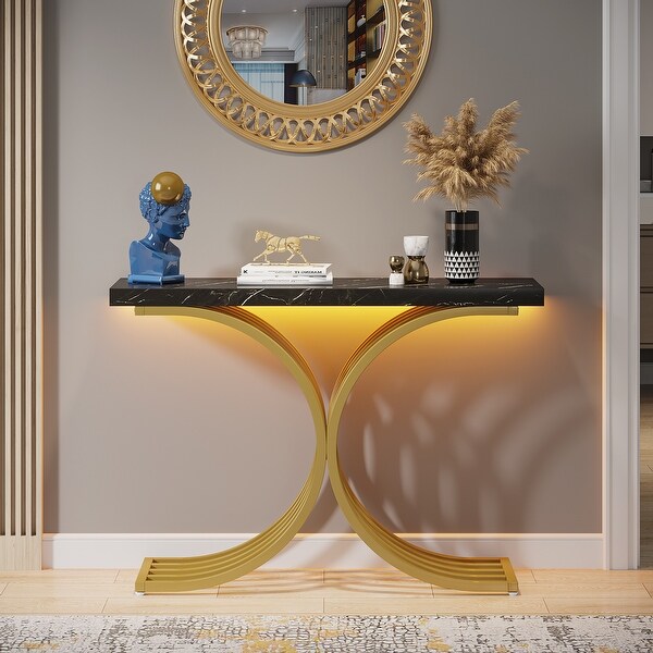 X-Base Gold Console Table， Narrow Sofa Accent Table with Marble Top for entrance， Hallway - 43'' L x 11.8'' D x 32”H