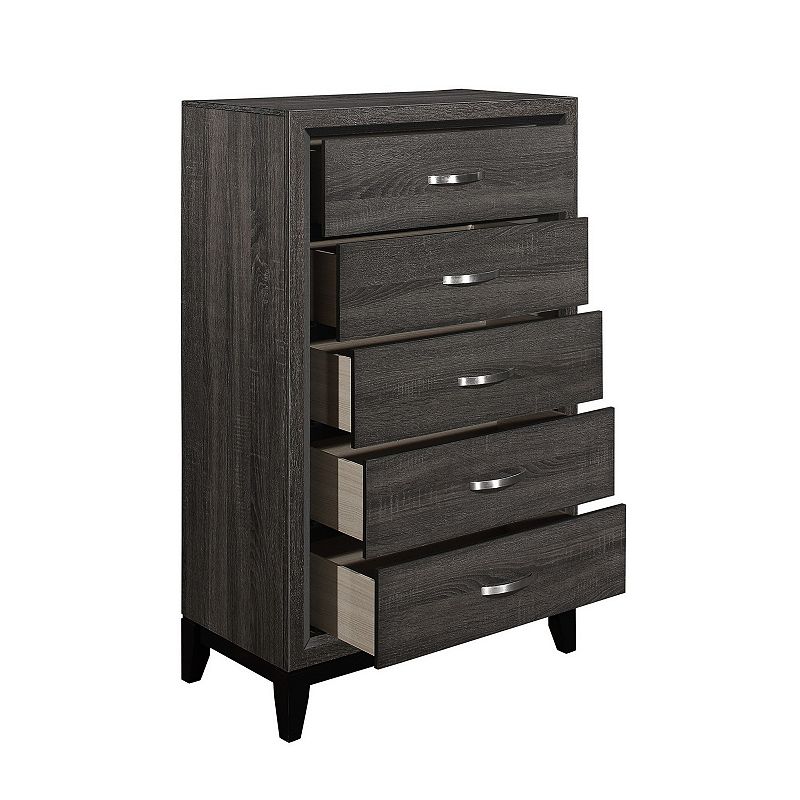 5 Drawer Wooden Chest with Grain Details and Chamfered Feet， Gray