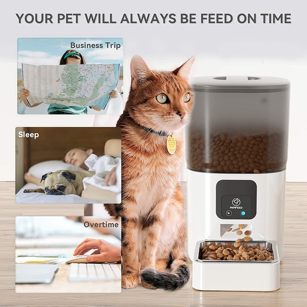 Automatic cat feeder， smart dry food dispenser with 2.4G Wifi and app control， removable pet feeder for cleaning， up to 30 meals a day， for cats， medium dogs and multiple pets