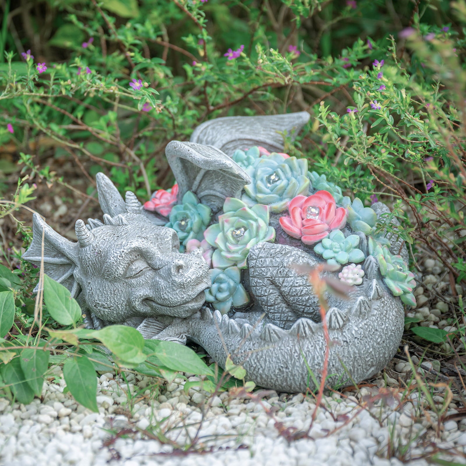 WONDER GARDEN Sleeping Dragon Statue with Solar LED Lights, 9.5" L Dragon Sculpture Outdoor Decor for Garden, Patio, Pawn