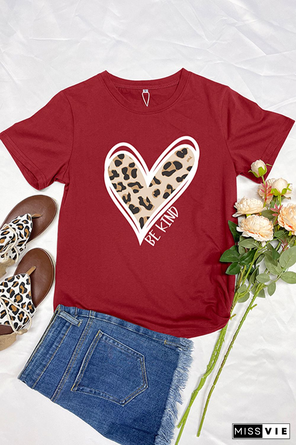 Be Kind Leopard Heart Short Sleeve Graphic Tee Wholesale