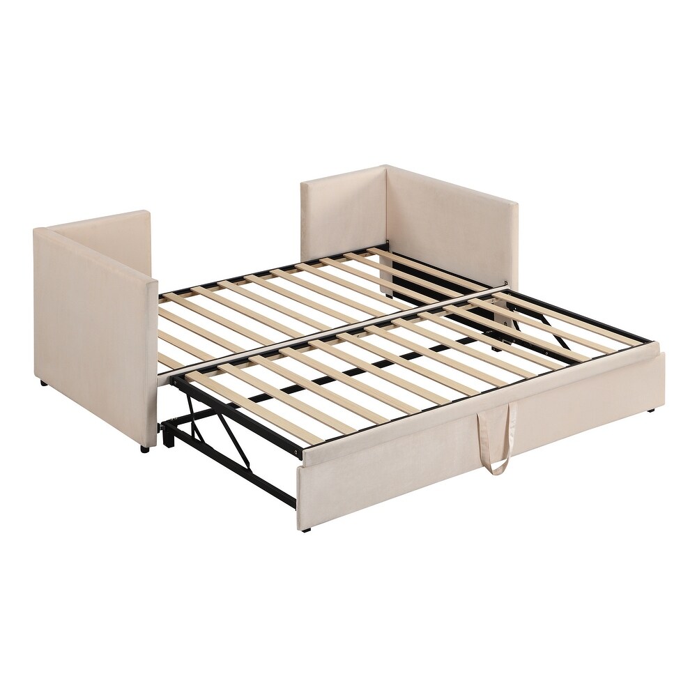 Twin Size Upholstered Daybed with Pop up Trundle  Wooden Sofa Bed Frame with Wood Slat Support for Bedroom  Living Room