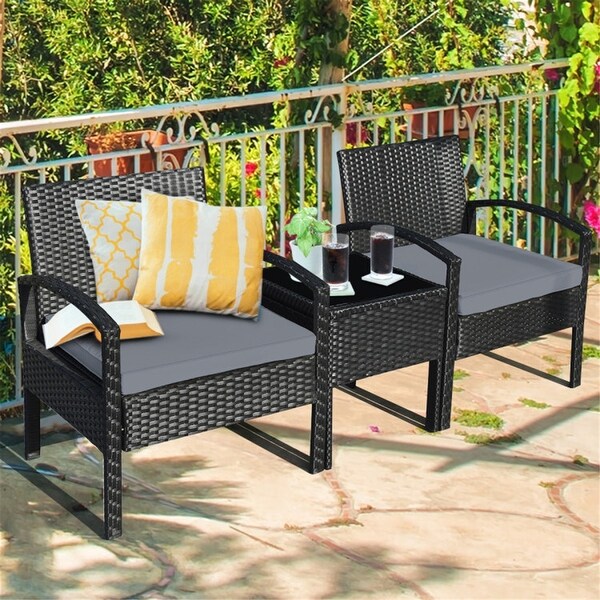 3 Pieces Outdoor Rattan Patio Conversation Set with Seat Cushions -  - 37563811