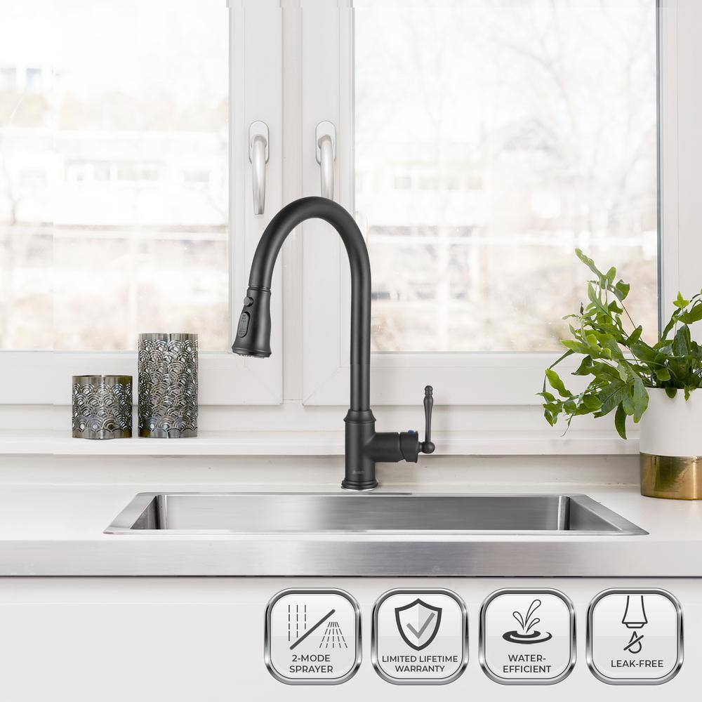 AKDY Easy-Install Single-Handle Pull-Down Sprayer Kitchen Faucet with Flexible Hose in Matte Black KF0009