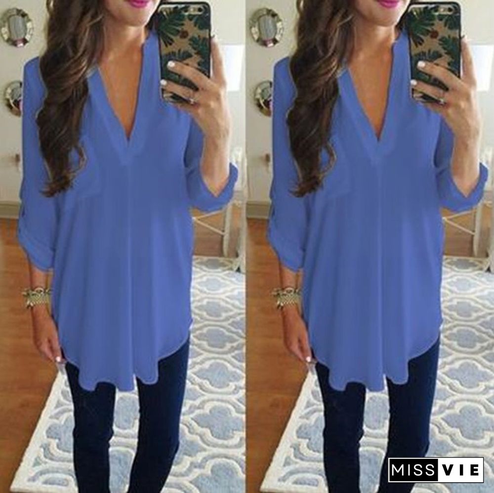 Plus Size S-8XL Women's Fashion Casual Chiffon Tops V-neck Solid Color Ladies Sexy Long Sleeve Shirt Loose Tops T Shirt Blouse