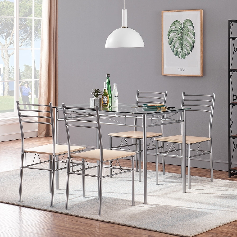 5 pieces Modern Dining Sets Tempered Glass Table Top and 4 PU Chairs