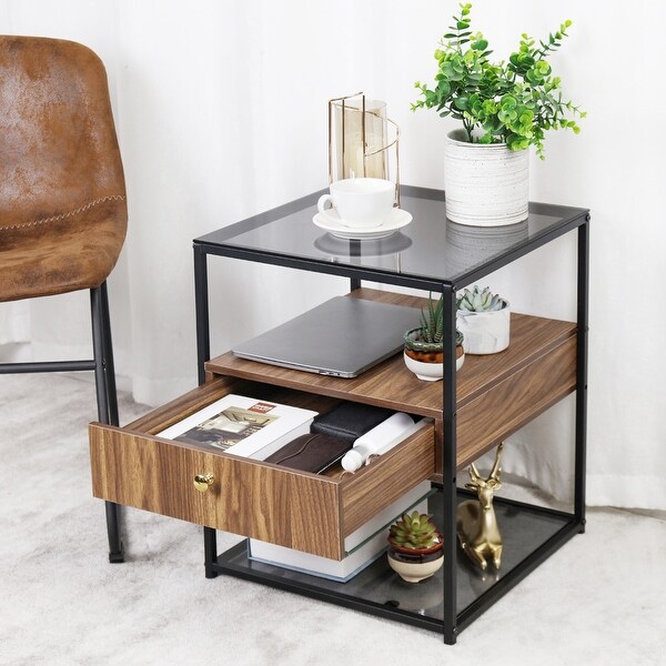 Modern Single-Drawer Glass End Table Bedside Nightstand Storage Table - 17