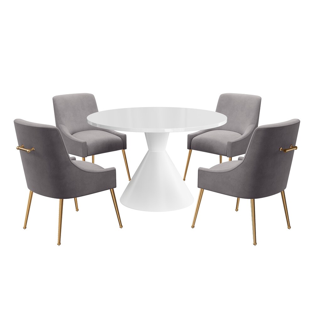 Clihome 5 Piece High Gloss White Table with Velvet Chair Dining Set