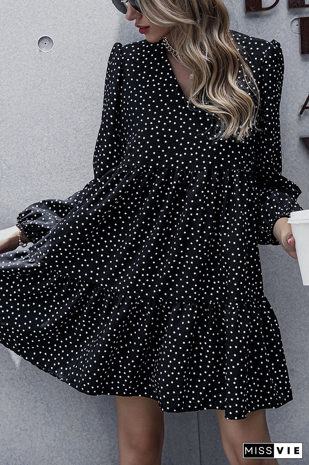 V Neck Spot Print Tiered Mini Dress