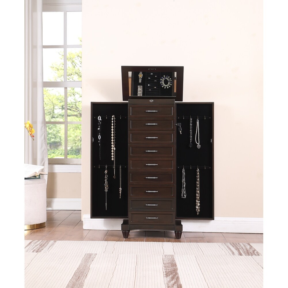 Joseph Espresso Locking Jewelry Armoire with 9 Drawer (42 in. H x 19 in. W x 13 in. D)   19*13*42inch