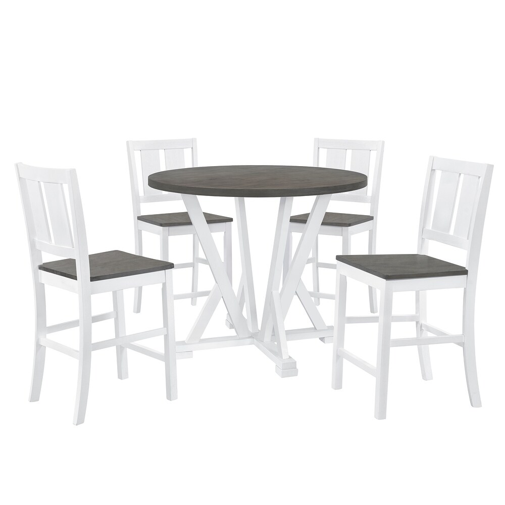 5 Pcs Counter Height Dining 41.7inch Round Table Set  Round Kitchen Set with 4 Slatted Back Dining Chairs