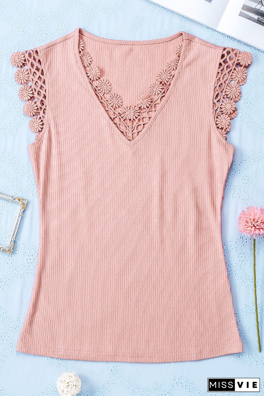 Lace Crochet Ribbed V Neck Tank Top