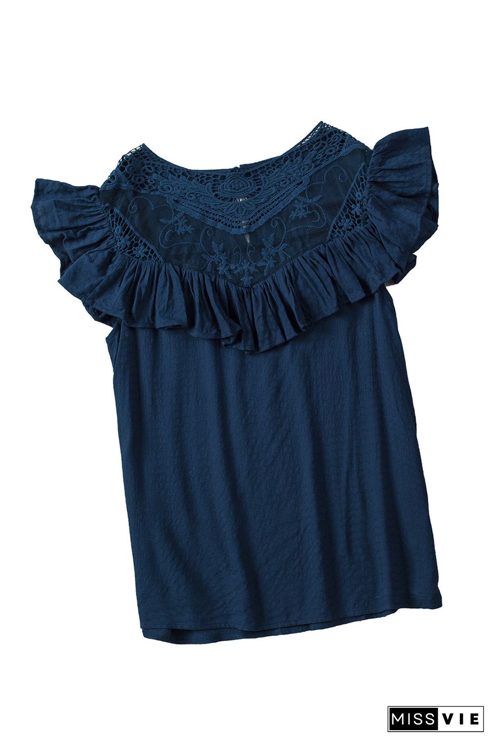 Navy Lace Splicing Ruffled Short Sleeve T-shirt