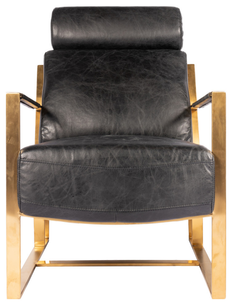 Paradiso Black Top Grain Leather Accent Slipper Chair Gold Metal Frame   Contemporary   Armchairs And Accent Chairs   by Sideboards and Things  Houzz