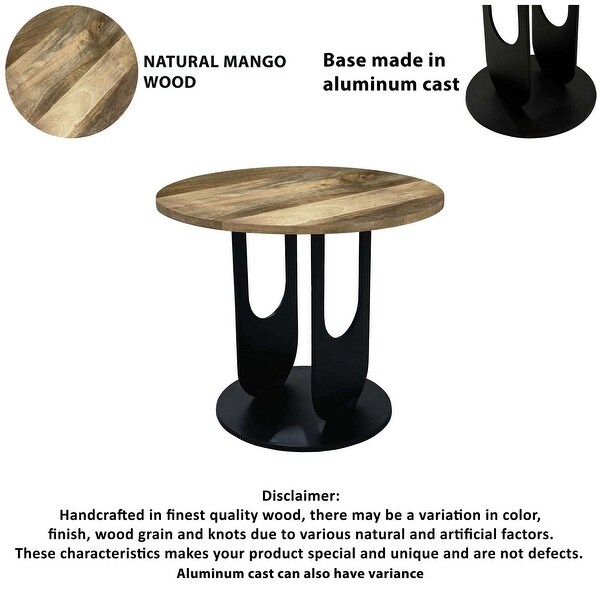 22 Inch Side End Table，Round Natural Mango Wood Top，Black Iron U Shaped Legs