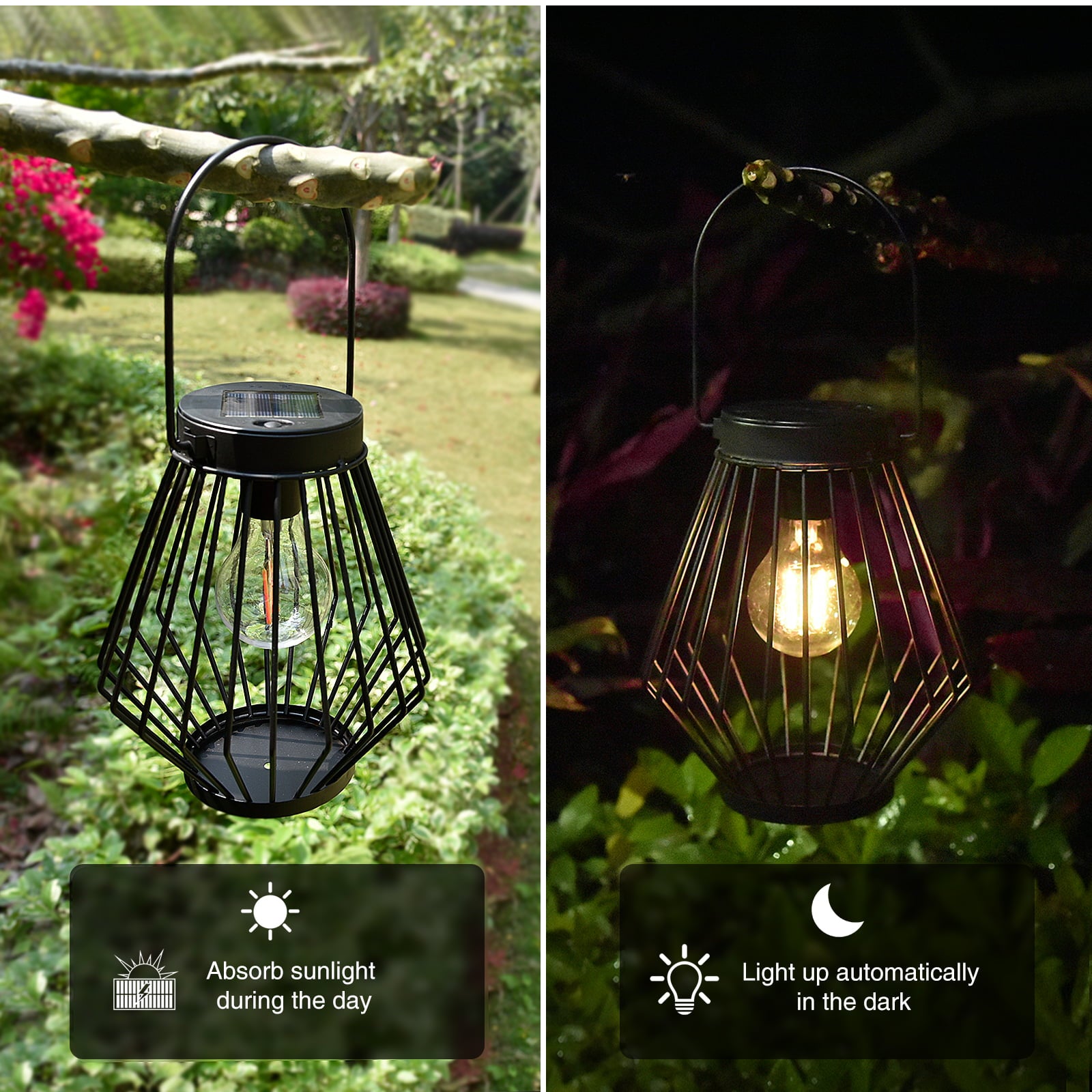 Metal Wire Cage Lantern Solar Powered Waterproof Black for Outdoor Garden Decor， Warm Light