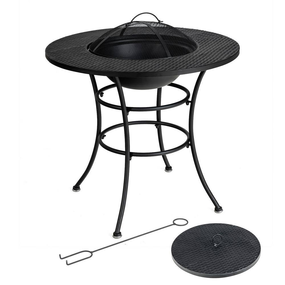 Gymax Black Patio Round Metal Fire Pit Dining Table Charcoal Wood Burning Cooking BBQ Grate GYM09297