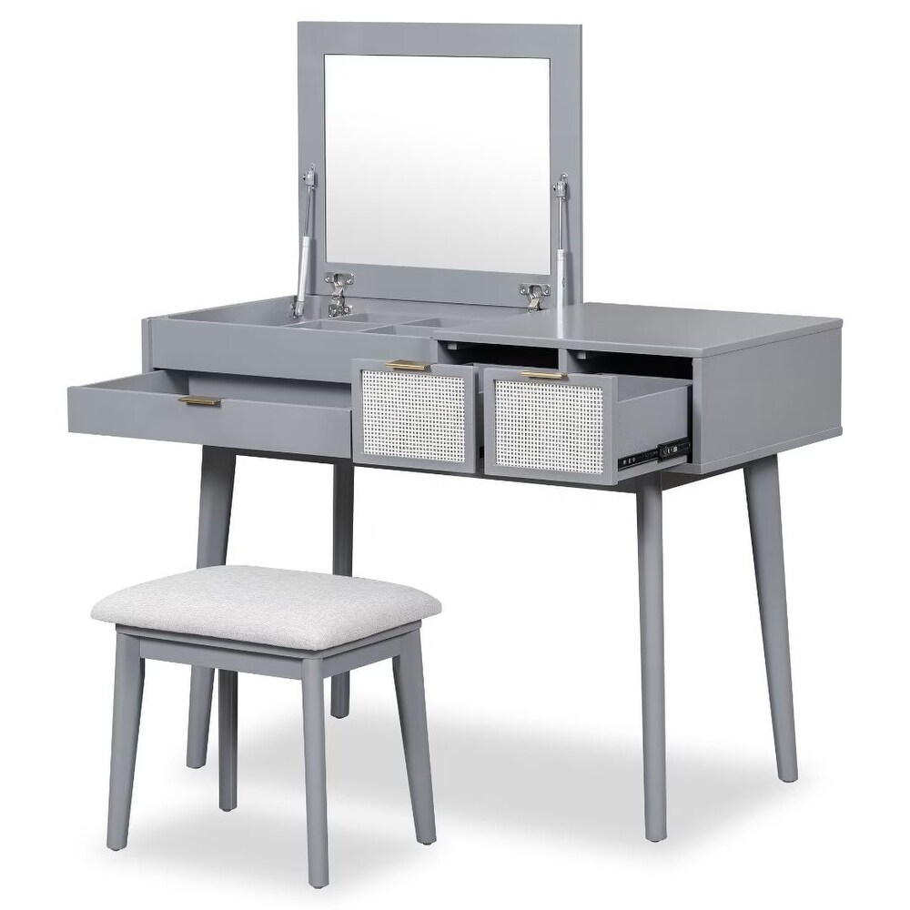 Makeup Vanity Set with Flip top Mirror and Stool  Wood Dressing Table