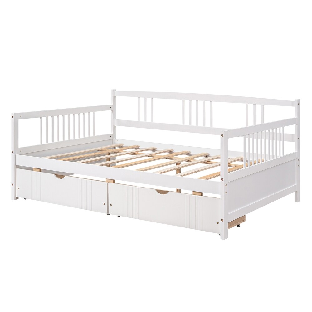 Twin Size Wood Daybed with 2 Storage Drawers and 3 Side Guardrail  Wood Kid's Bed with Wood Slats for Bedroom