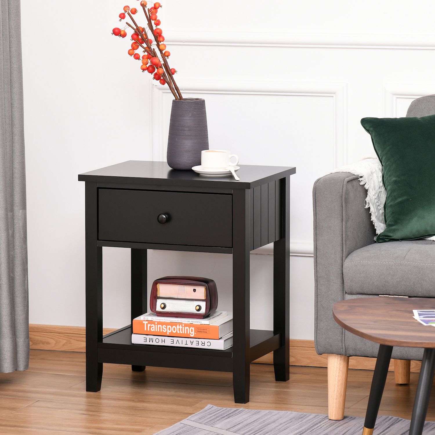 HOMCOM Modern Style Nightstand Side Table with Drawer and Storage Shelf for Bedroom or Living Room Black