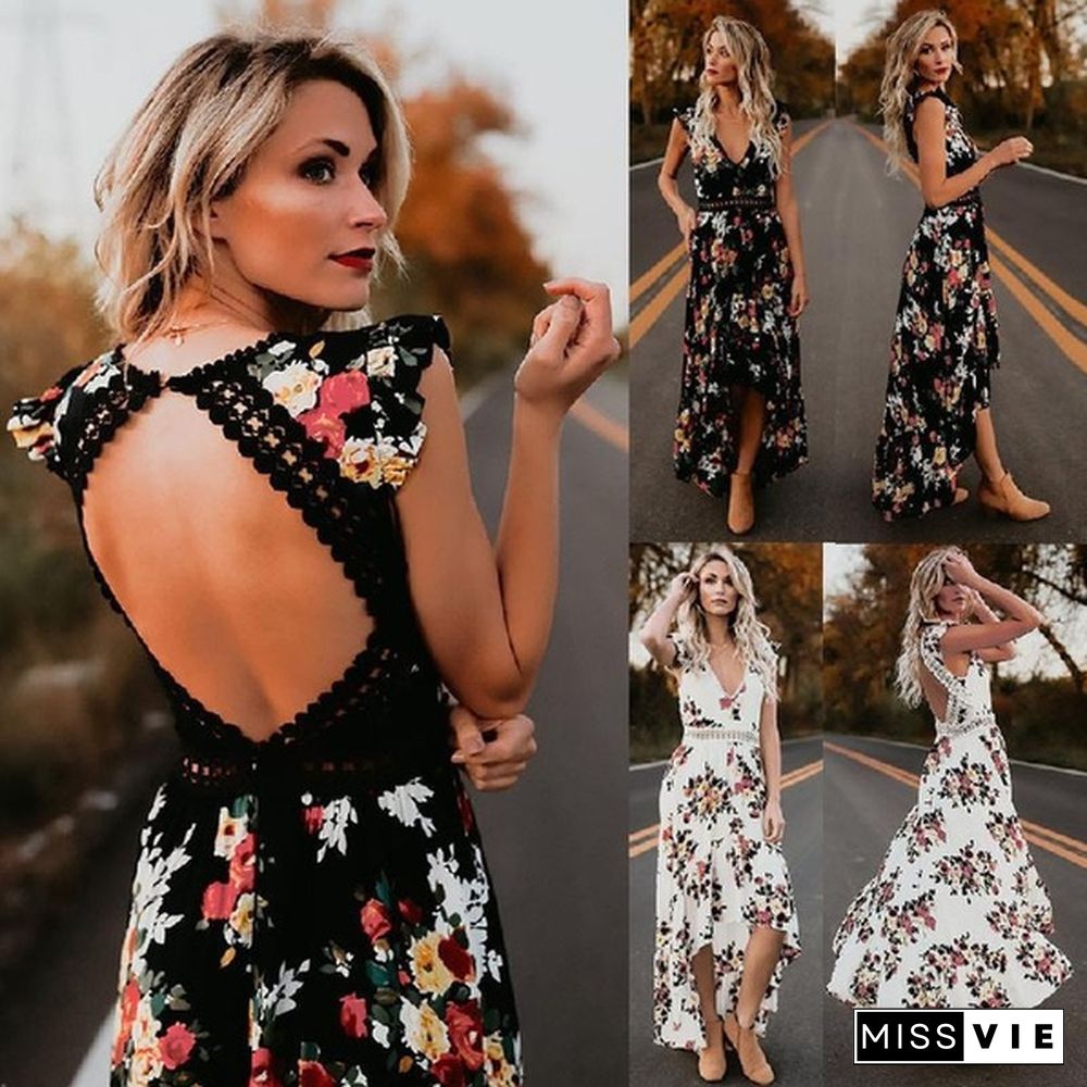 Maxi Irregular Boho Dress Summer Floral Print Sexy V-Neck Hem Dresses Holiday Bohemia Long Women Dress