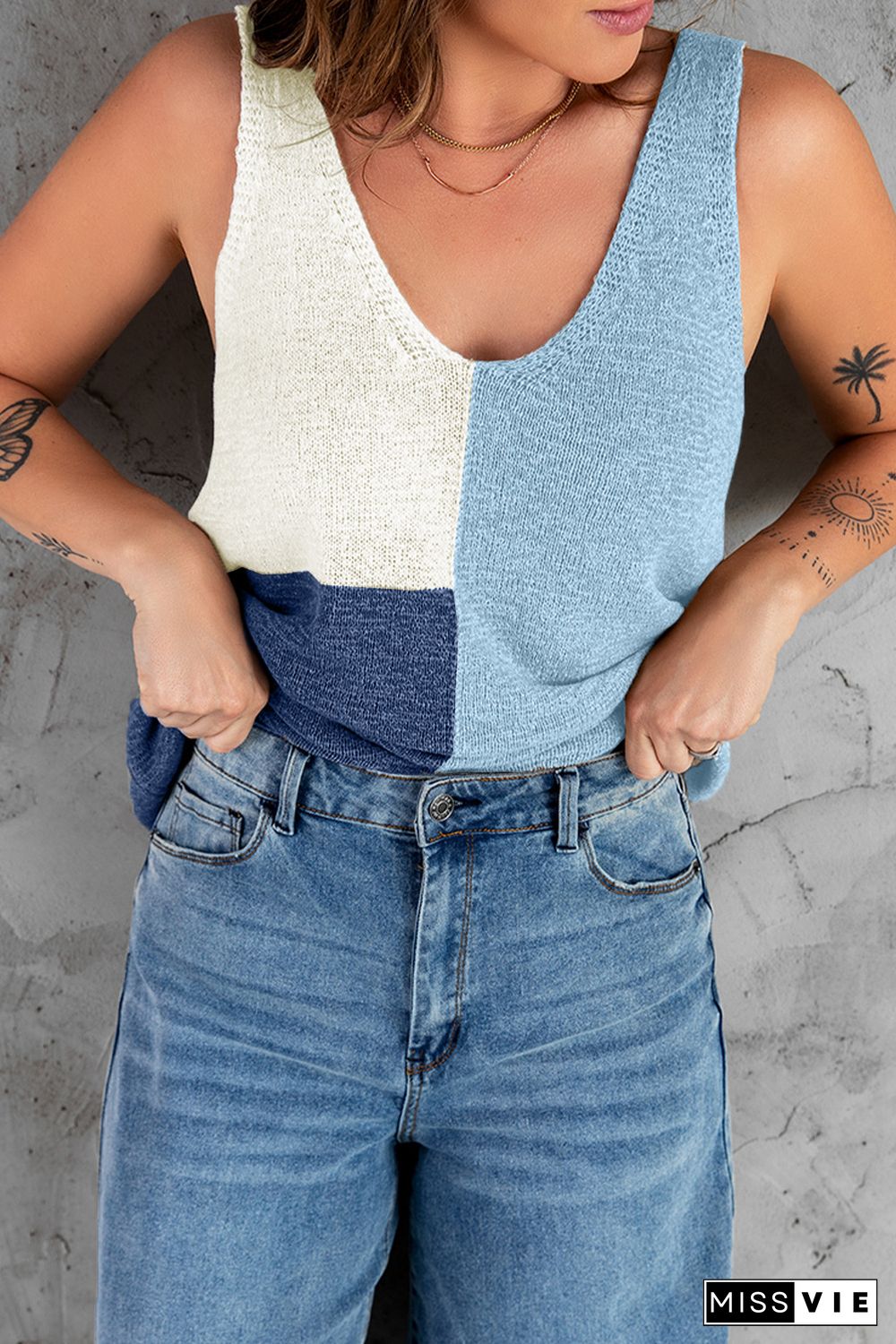 Blue Color Block Knitted Tank Top