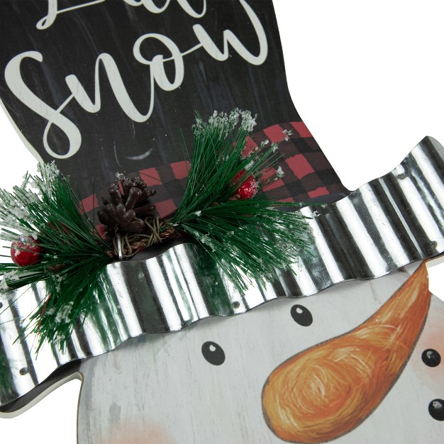 Wooden x27 let It Snow x27 Snowman With Plaid Scarf Christmas Wall Sign