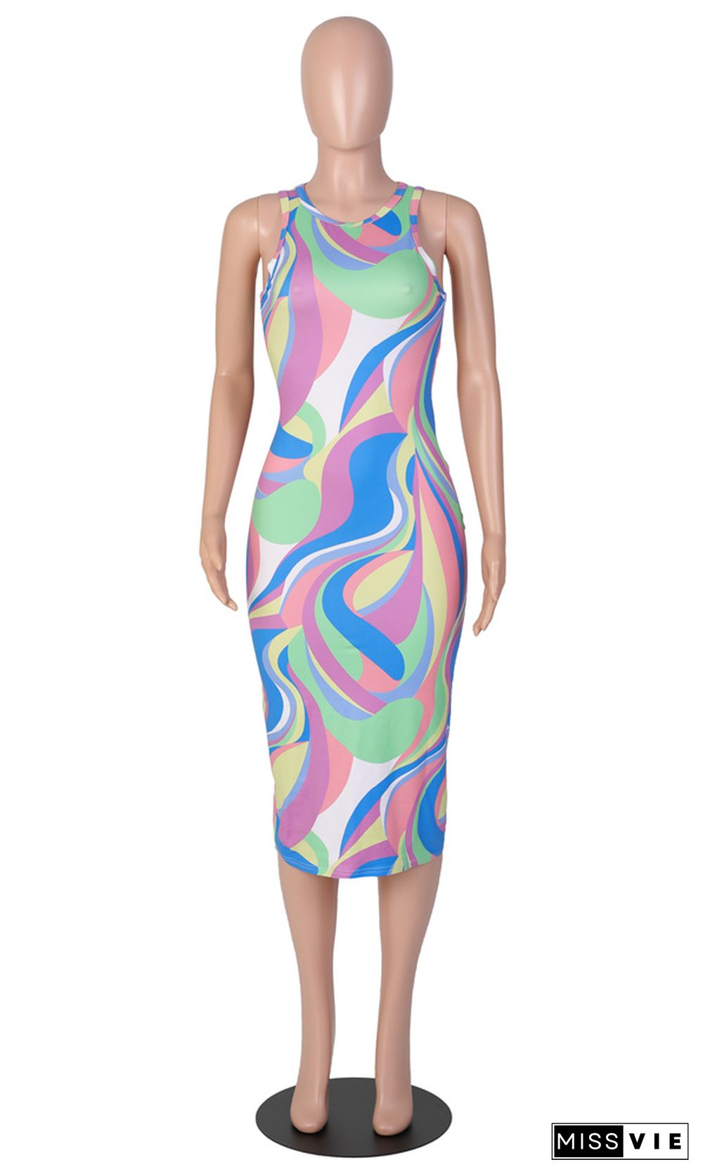 Aesthetic Print O-Neck Sleeveless Skinny Dresses