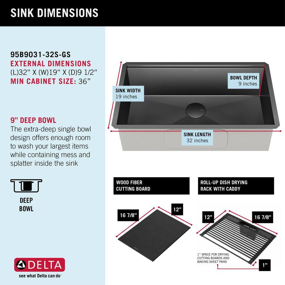 Delta Rivet16 Gauge Black Stainless Steel 32 in. Single Bowl Undermount Workstation Kitchen Sink in PVD Gunmetal Finish 95B9031-32S-GS