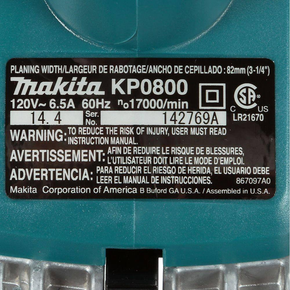 Makita 6.5 Amp 3-14 in. Corded Handheld Planer Kit with Blade Set Hard Case KP0800K