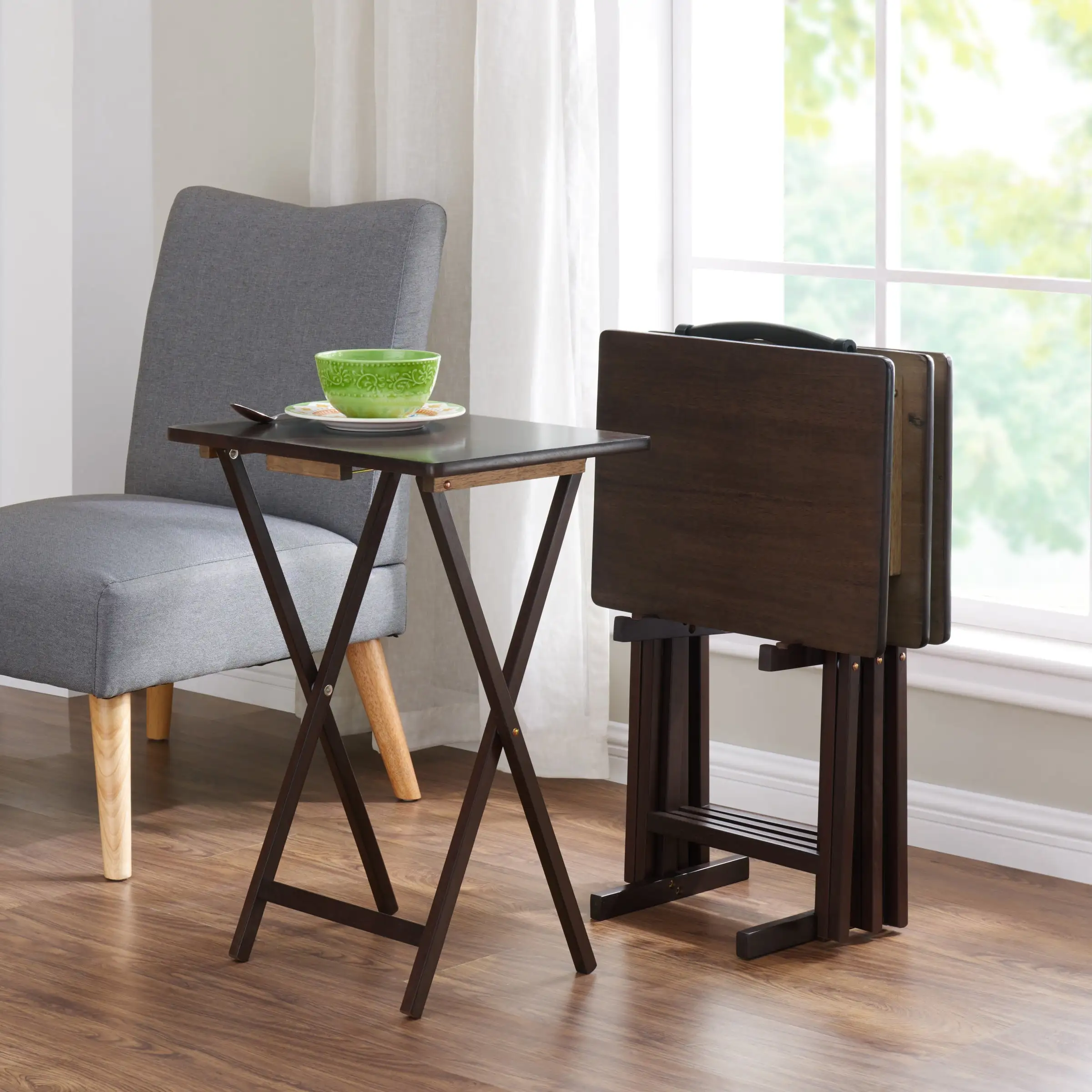 Mainstays Walnut 5-Piece Folding TV Tray Table Set, 19 x 15 x 26 Inch