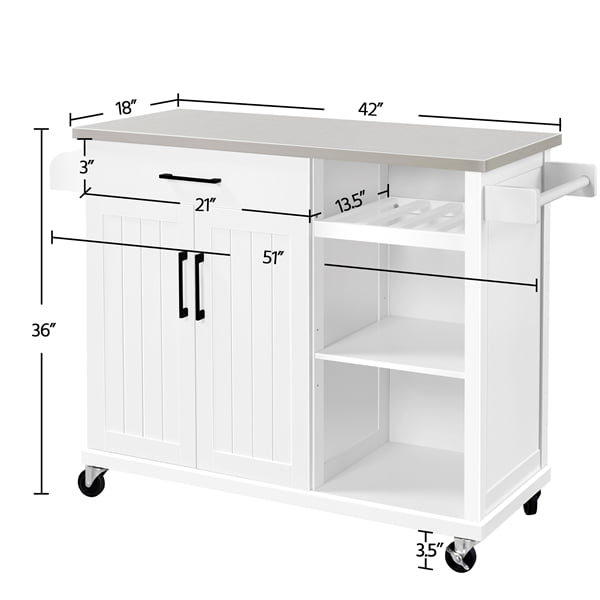 Easyfashion Rolling Kitchen Island Cart with Stainless Steel Top and Storage， White