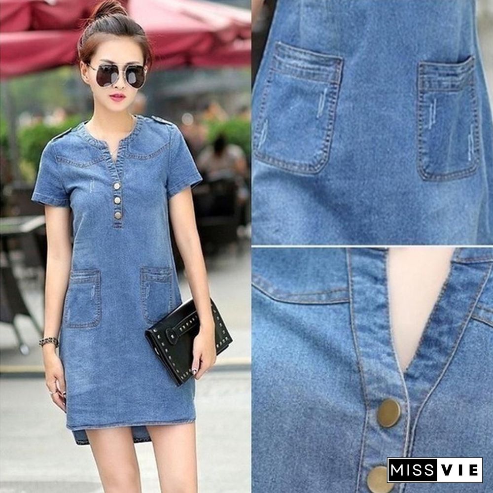 Plus Size Denim Dress Women Short Sleeve Dress Spring Vintage Vestidos Robe Casual Slim V-neck Office Shirt Jeans Dress