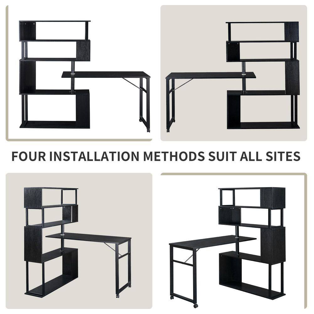 Polibi 47.20 in. Retangular Black Rotatable L-Shaped Corner Home Office Computer Desk with 5-Tier Bookshelf and Casters RS-472RRLCD-BK