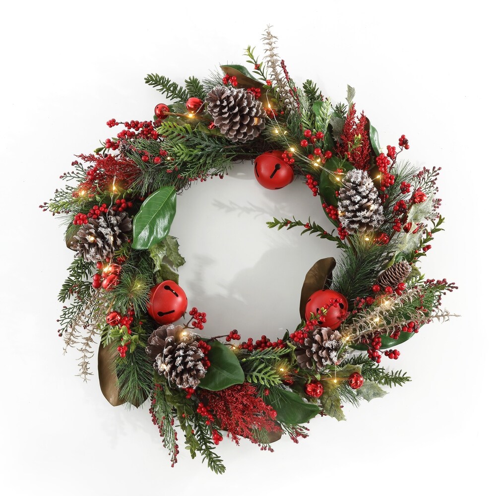 SAFAVIEH Faux 30 Inch Myrtle Led Wreath W/ Red Bells   Green/Red   30\