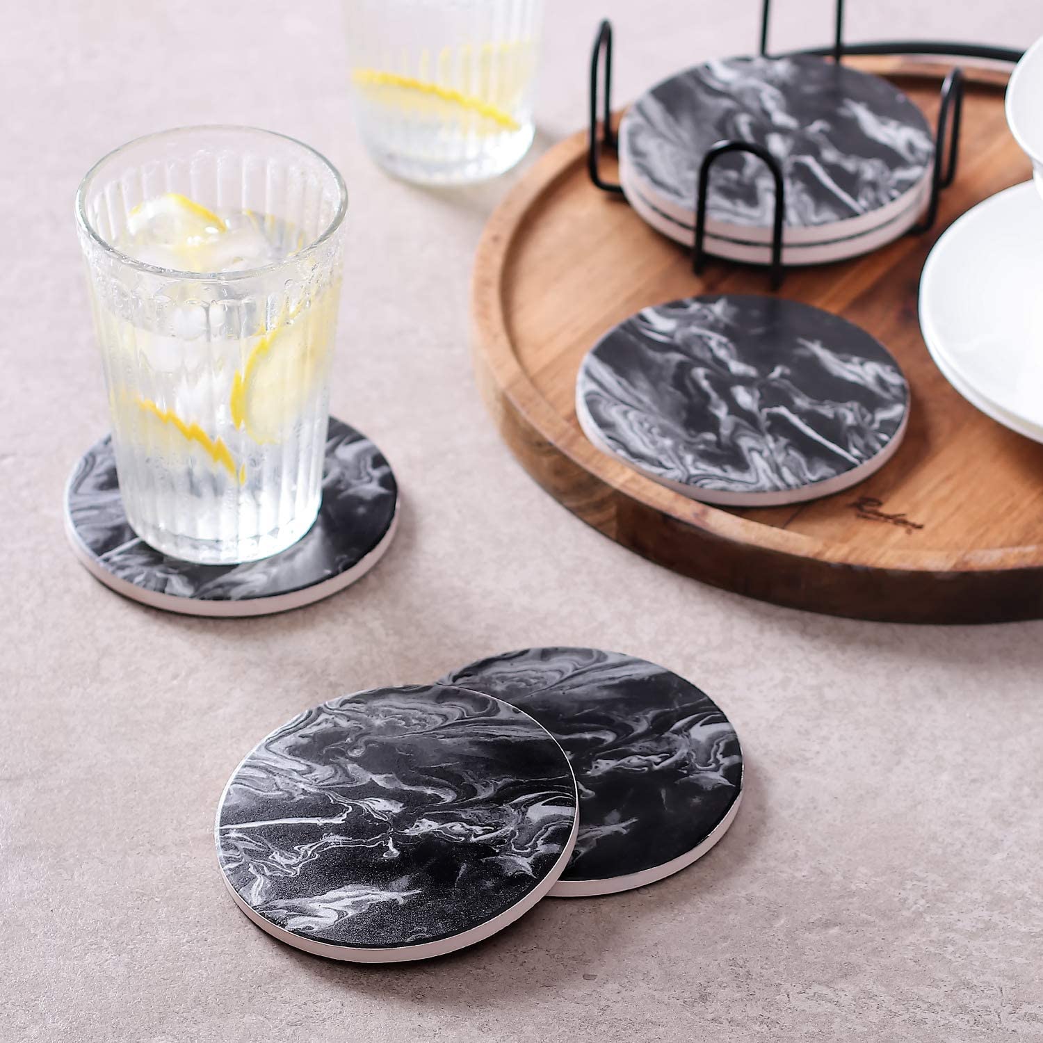 LIFVER Ceramic Coasters with Holder， Set of 6， Black Marble Style， Tabletop Protection