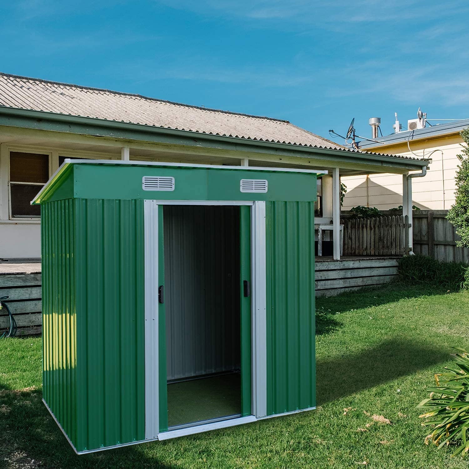 HOMFY 3.5 X 6 FT Steel Outdoor Storage Shed with Lockable Door for Garden Patio Backyard, Green