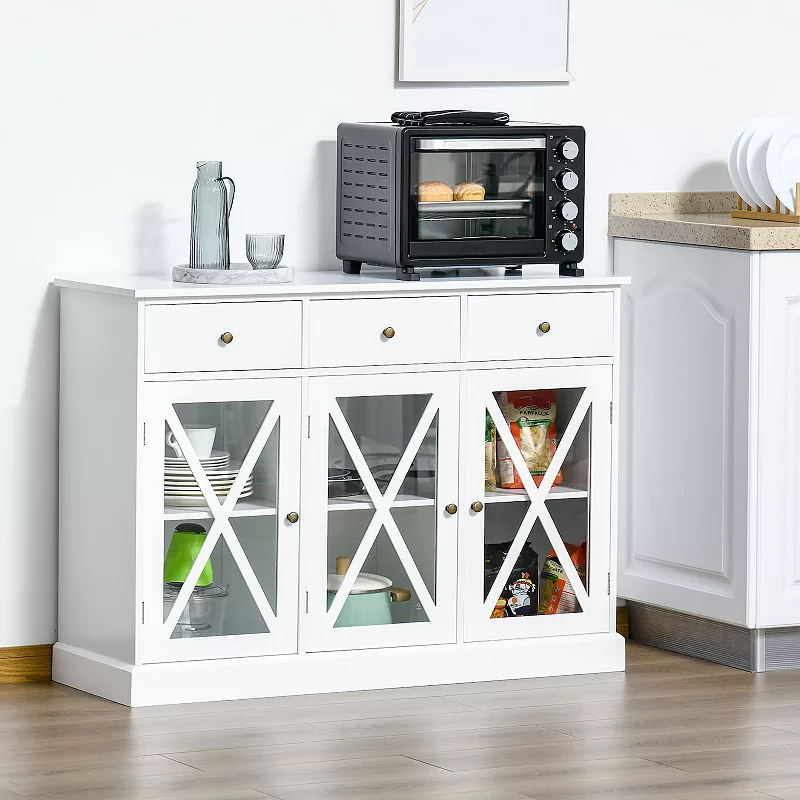 HOMCOM 45 Farmhouse Style Kitchen Sideboard Serving Buffet Storage Cabinet Cupboard with Glass Doors and 3 Drawers White