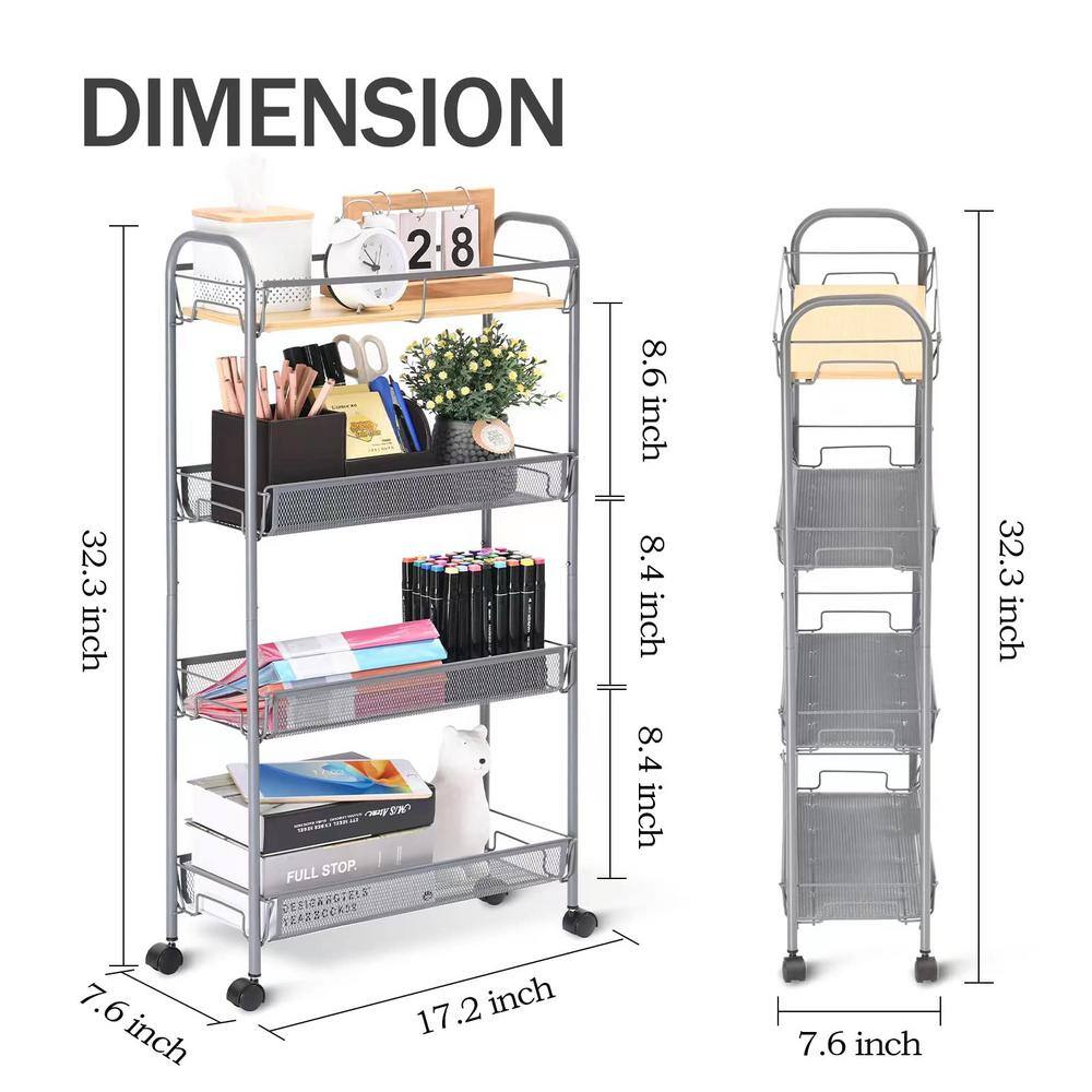 4-Tier Slim Rolling Cart with Wooden Tabletop Easy Assemble Mobile Storage Cart with Wheels Slide Out Utility Cart PURSYF