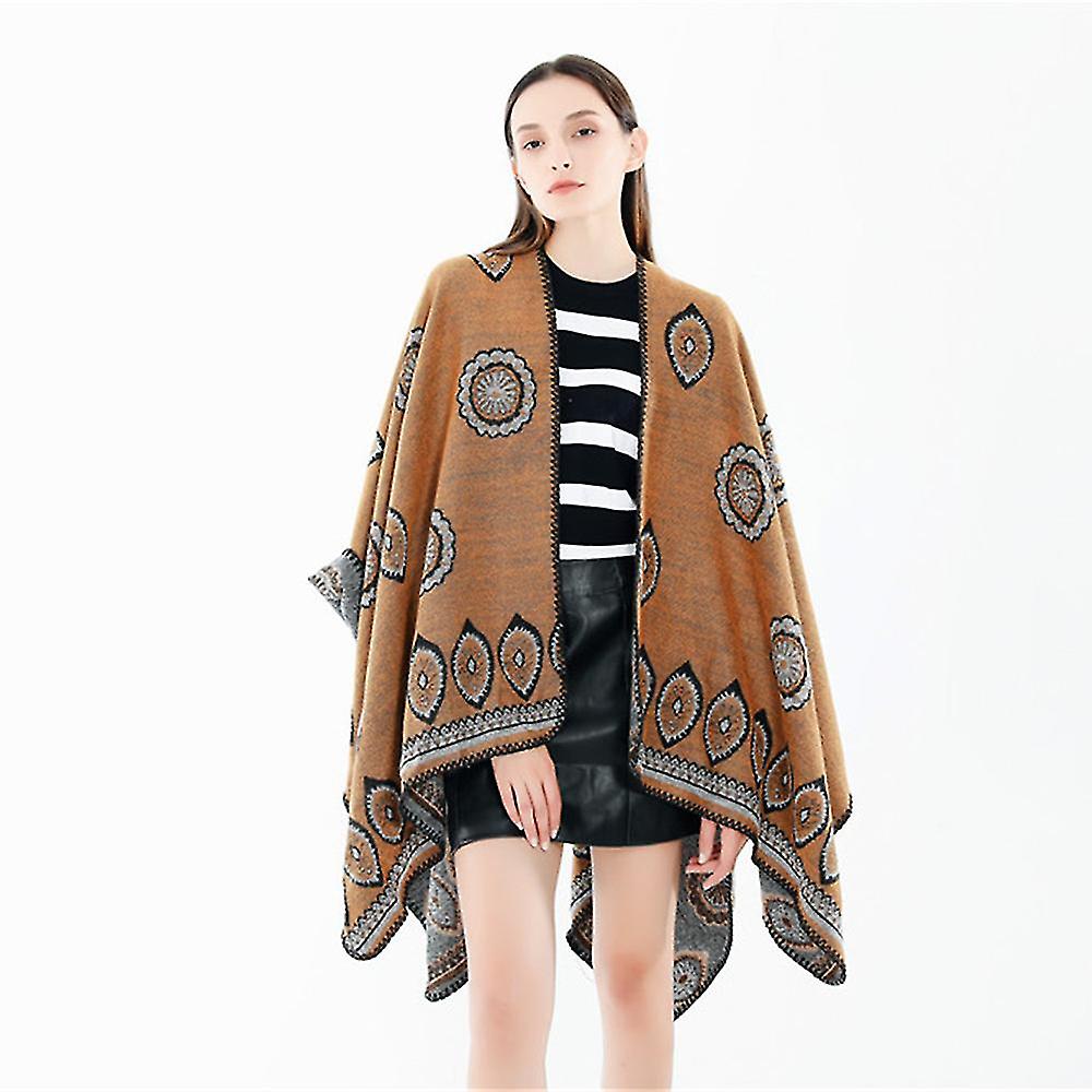 Women's Winter Cape Shawl Scarf Vintage Style Boho Print Fringe Shawl Cardigan1pcs-khaki