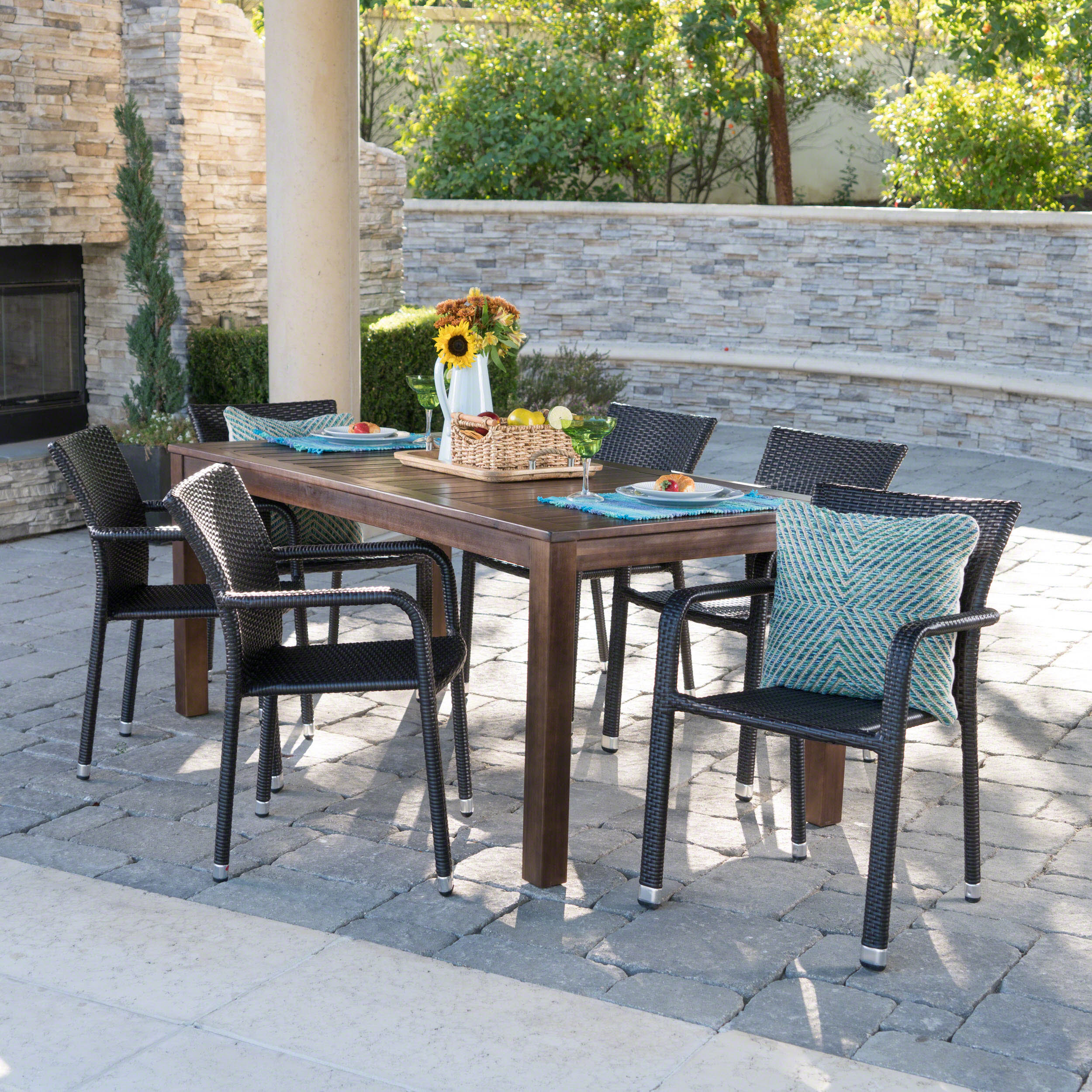 Netton Outdoor 7 Piece Dining Set with Dark Brown Finished Wood Table and Chairs