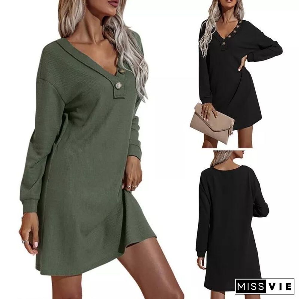 Women's Casual Dresses V-Neck Buttoned Hip Knitted Dresses