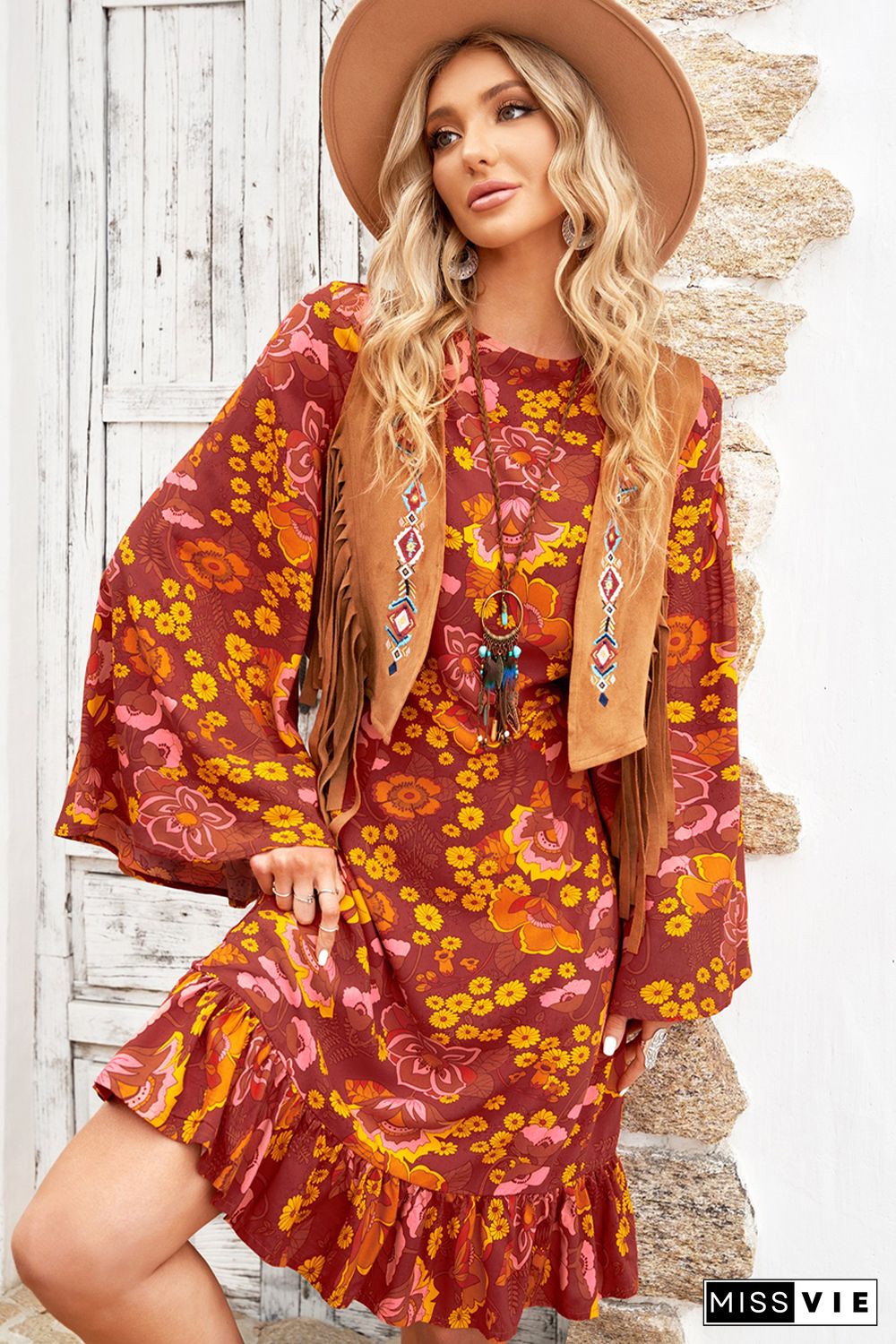 Boho Floral Print Ruffled Long Sleeve Mini Dress