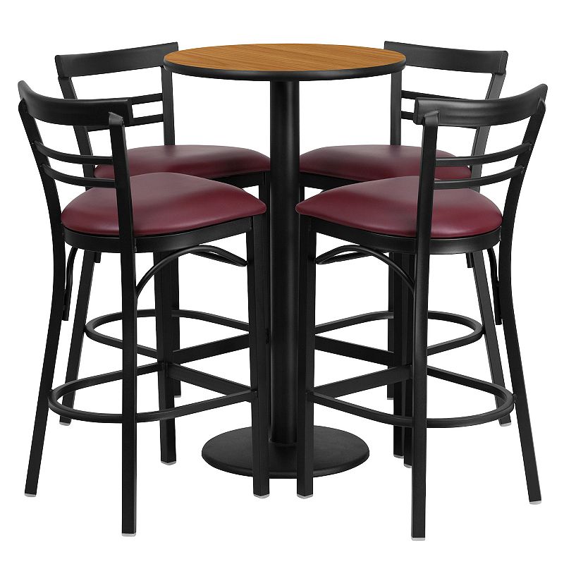 Emma and Oliver 24RD Black Table Set-RD Base-4 2Slat Ladder Back Stools，Black Seat