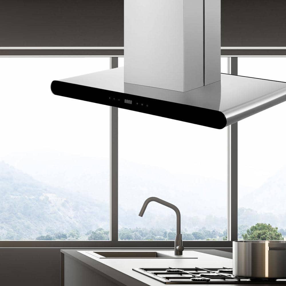 Empava Deluxe 36 in 400 CFM Ducted Kitchen Island Range Hood with Exhaust Kitchen Vent Duct and 4x LED Lights in Black